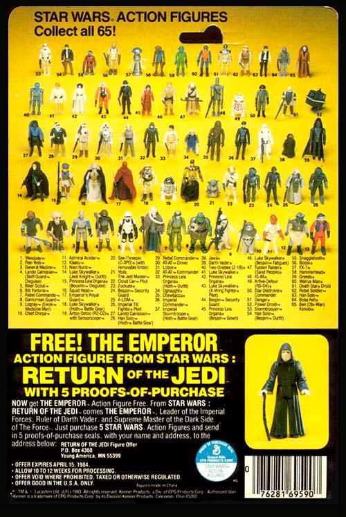 Image of a vintage Star Wars 65 Figure Card Back.