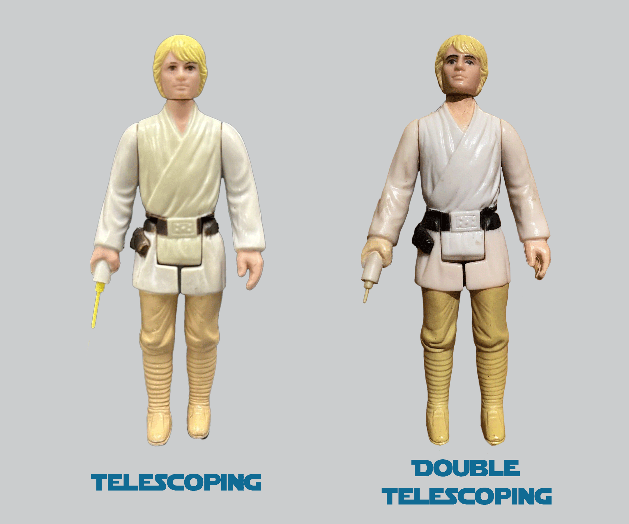 How do you tell a standard lightsaber from a double telescoping lightsaber? The DT extends much farther due to a separate inner portion that slides out further.