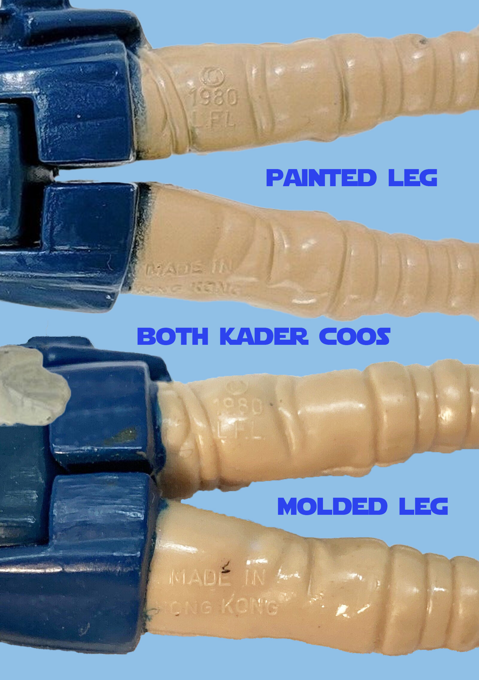 All molded leg Hoth Hans were made by Kader - identified with a Copyright Symbol on the right leg, and Made In Hong Kong on the left. HOWEVER, Kader made both molded and painted leg Hans with this COO, so you need to look further at the paint and the foot peg holes.
