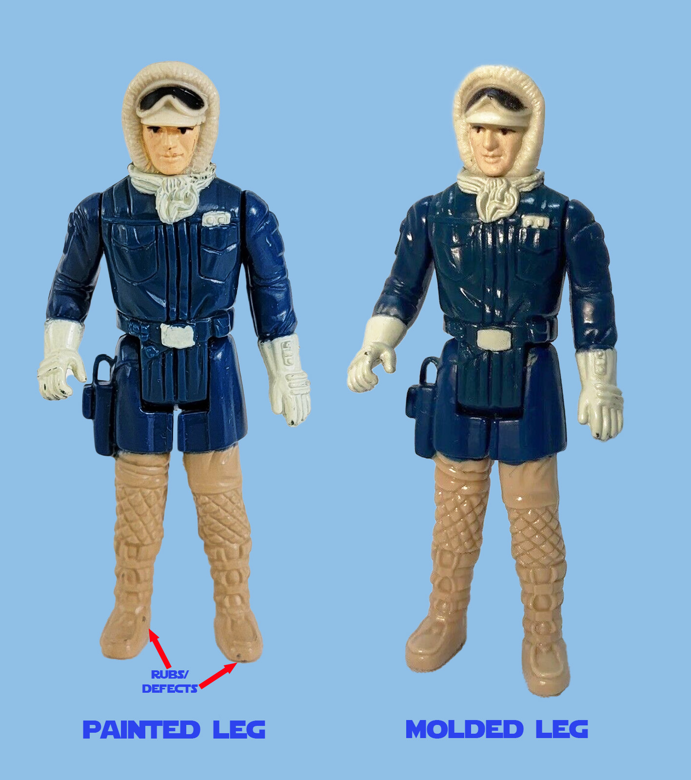 How do you tell a standard Hoth Han from a Molded Leg Hoth Han? Look for a copyright on the right leg, and check for paint defects.